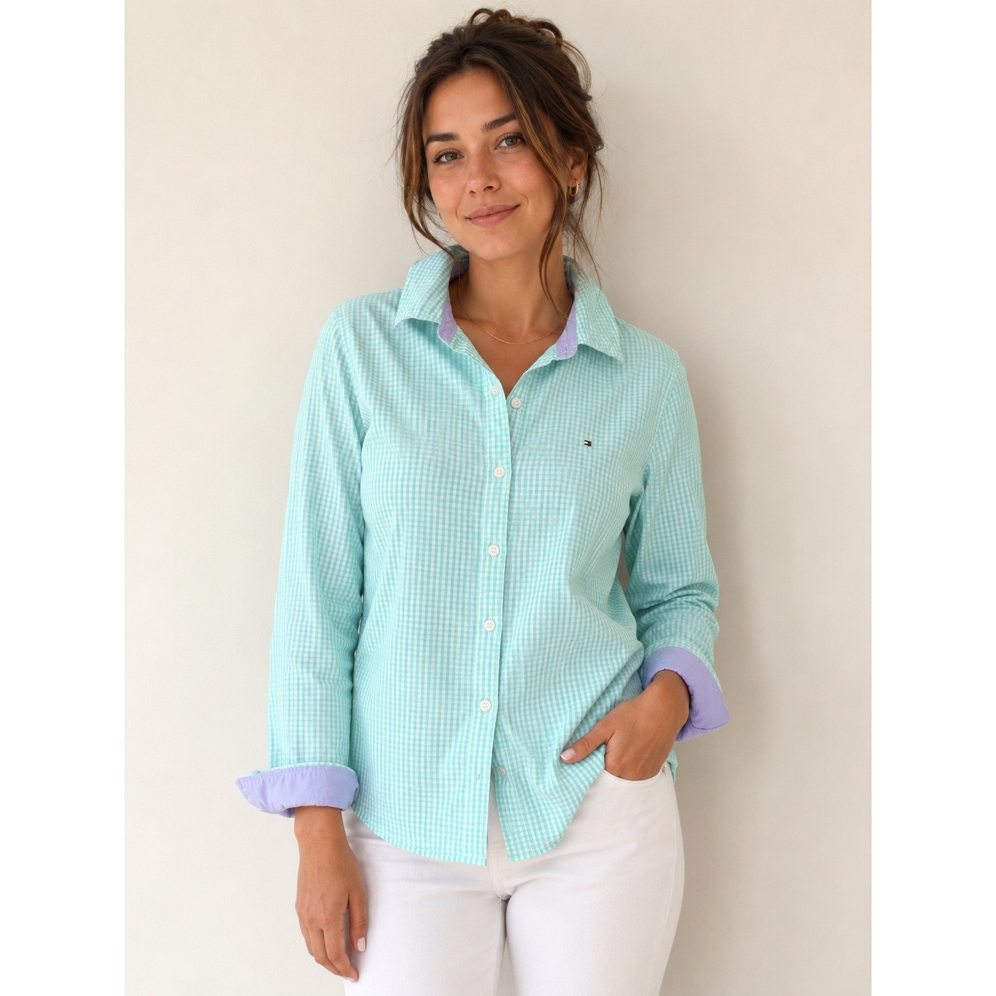 Tommy Hilfiger Women’s Large Mint Green Gingham Button Down Shirt 100% Cotton
