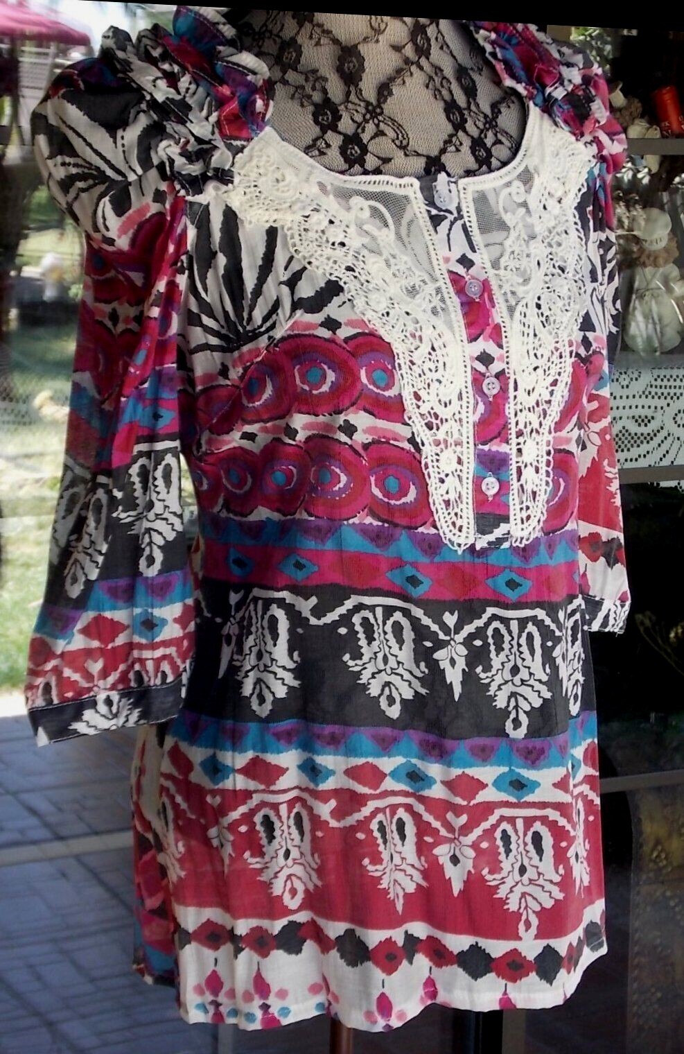 New Puffy Sleeve Ruffle Shoulders Macrame Bodice Long Tunic Shirt Sz. M 36″