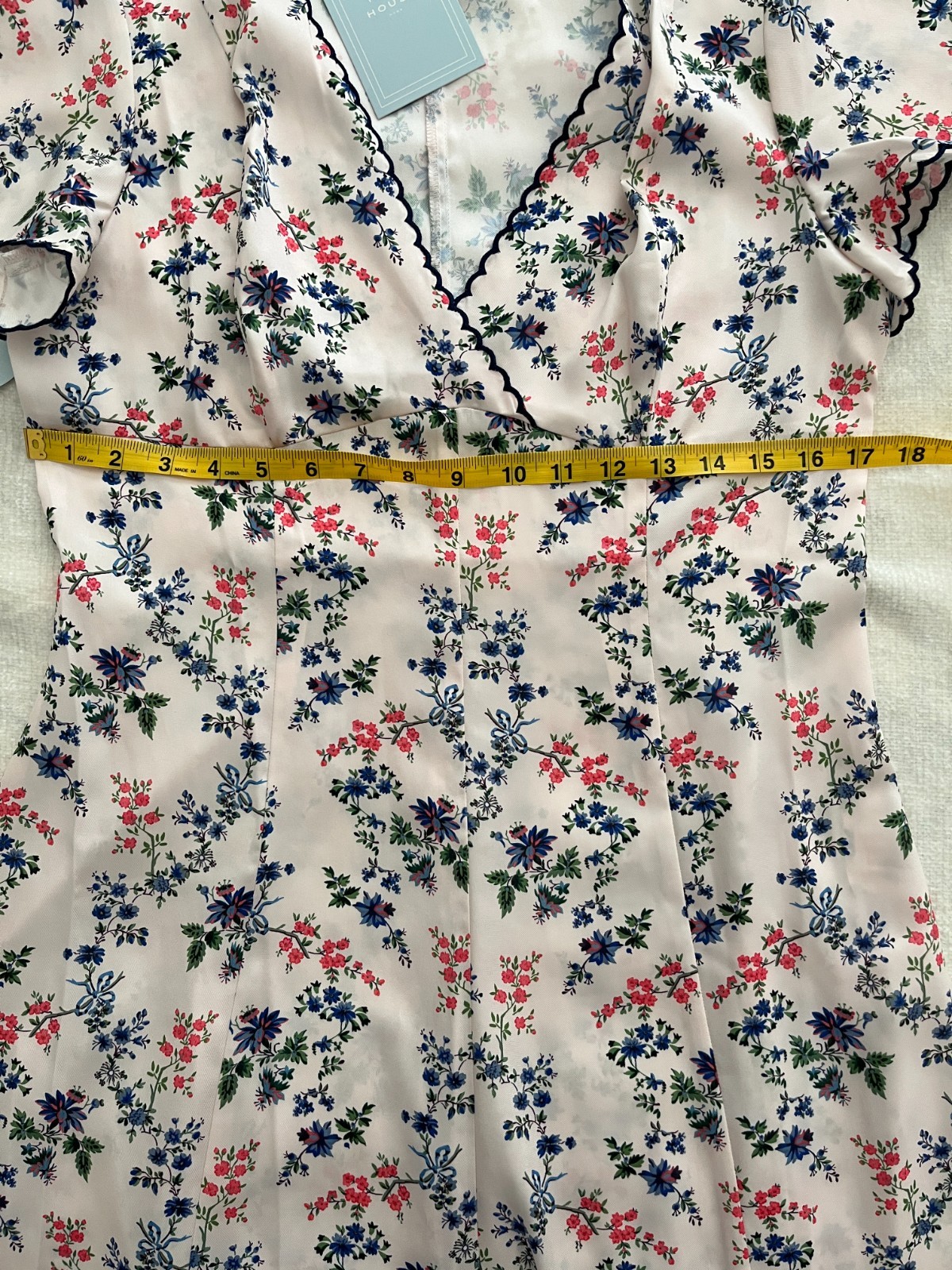Hill House Home Brie Dress Midi Tea Length V Neck Pink Scallop Bow Chintz Size L