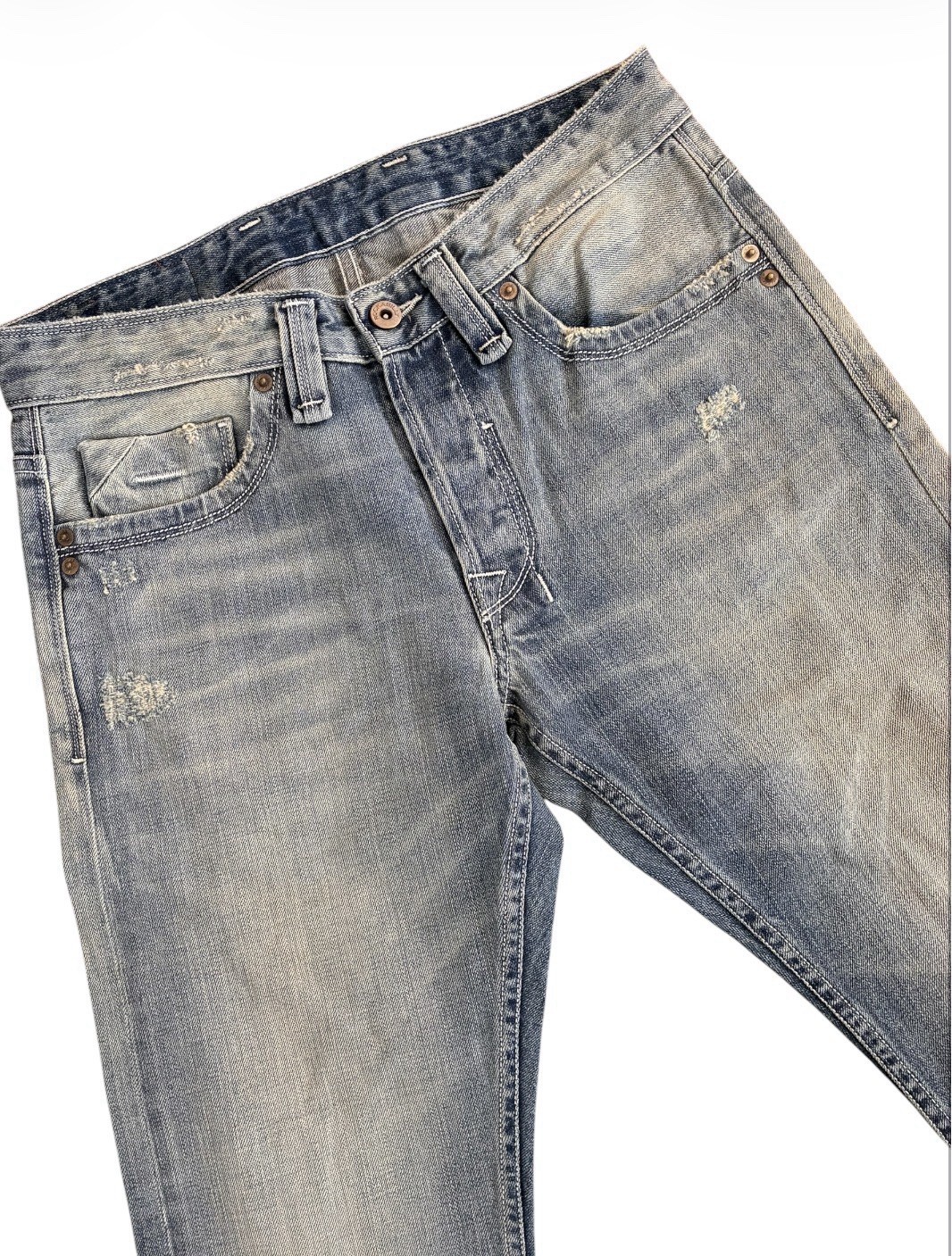 Rockabilly Light Wash Blue Denim Straight Jeans Distressed 5-Pocket Button Logo