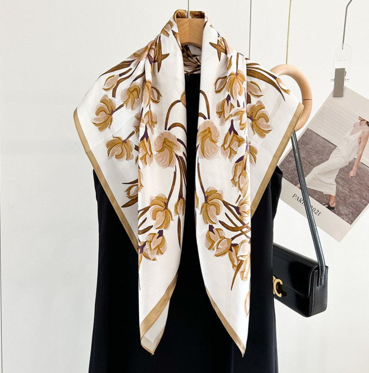 100% Silk Mulberry 35” Scarf For Women Neckerchief Wrap Flower branches Print