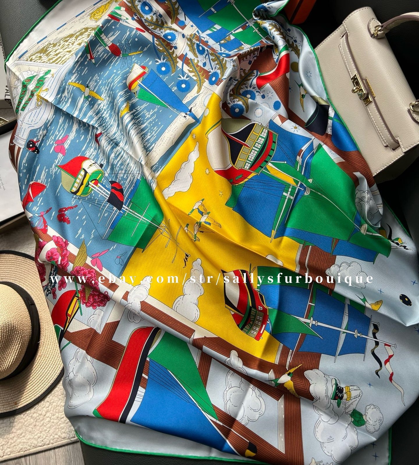2026 Sallys Boutique 18 Momme Heavy Twill Silk Wrap Scarf Boats Print Shawl 35″