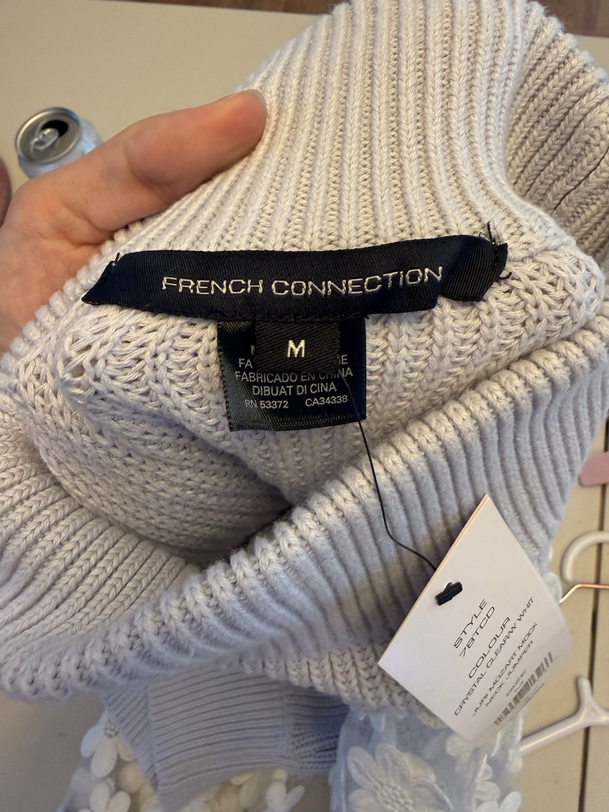 French Connection M Blue White Mock Neck Sheer Floral Knit Pullover