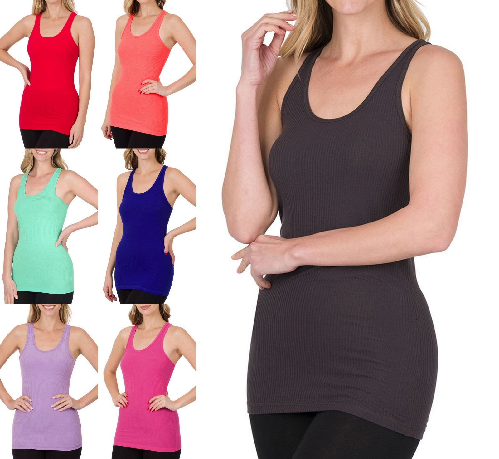 Zenana Round Neck Racerback Rayon Tank Top Soft Stretch Ribbed Basic Sleeveless