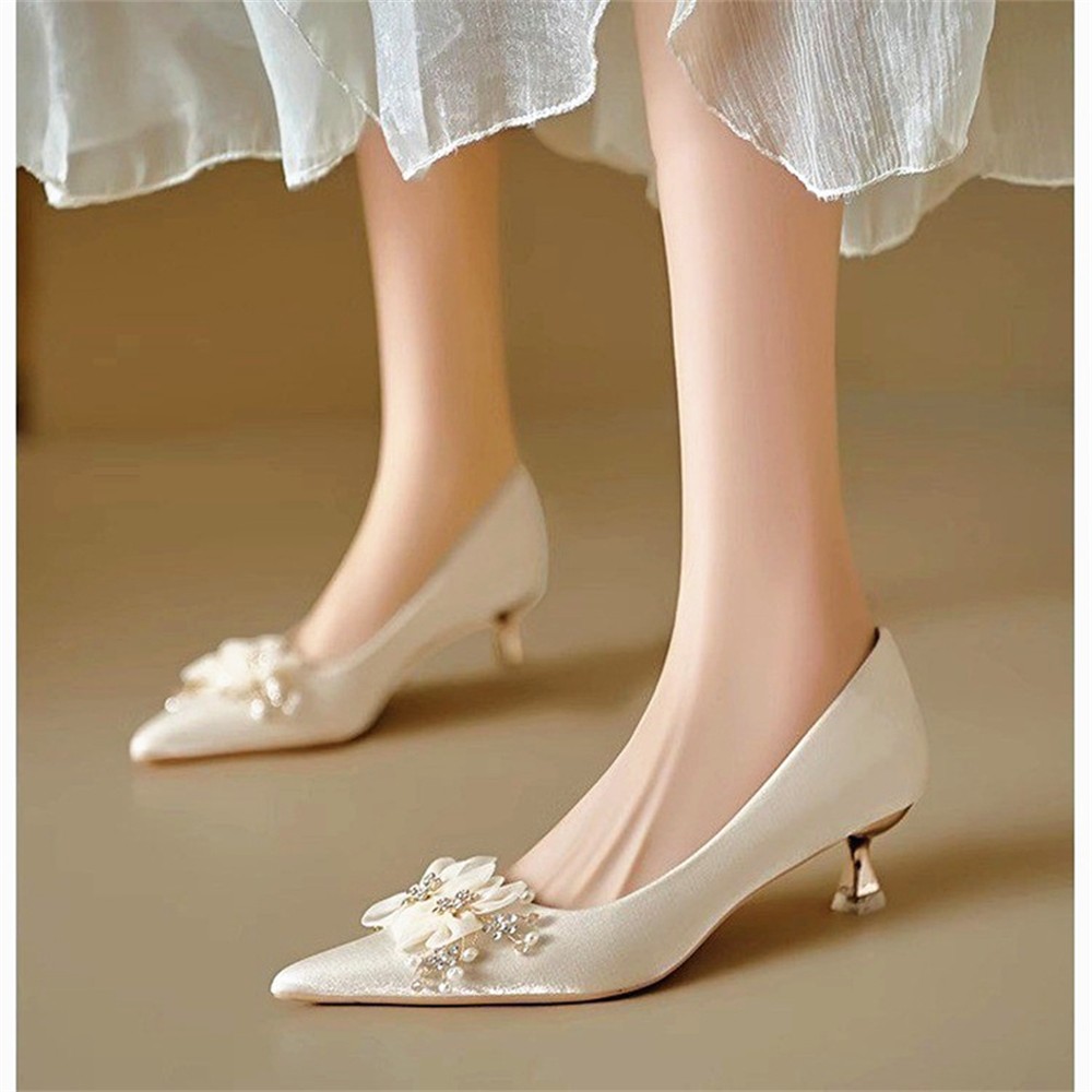 Women’s Flower Pearl Pointed Toe Stiletto Heel Pumps Slip On Wedding Bride Shoes
