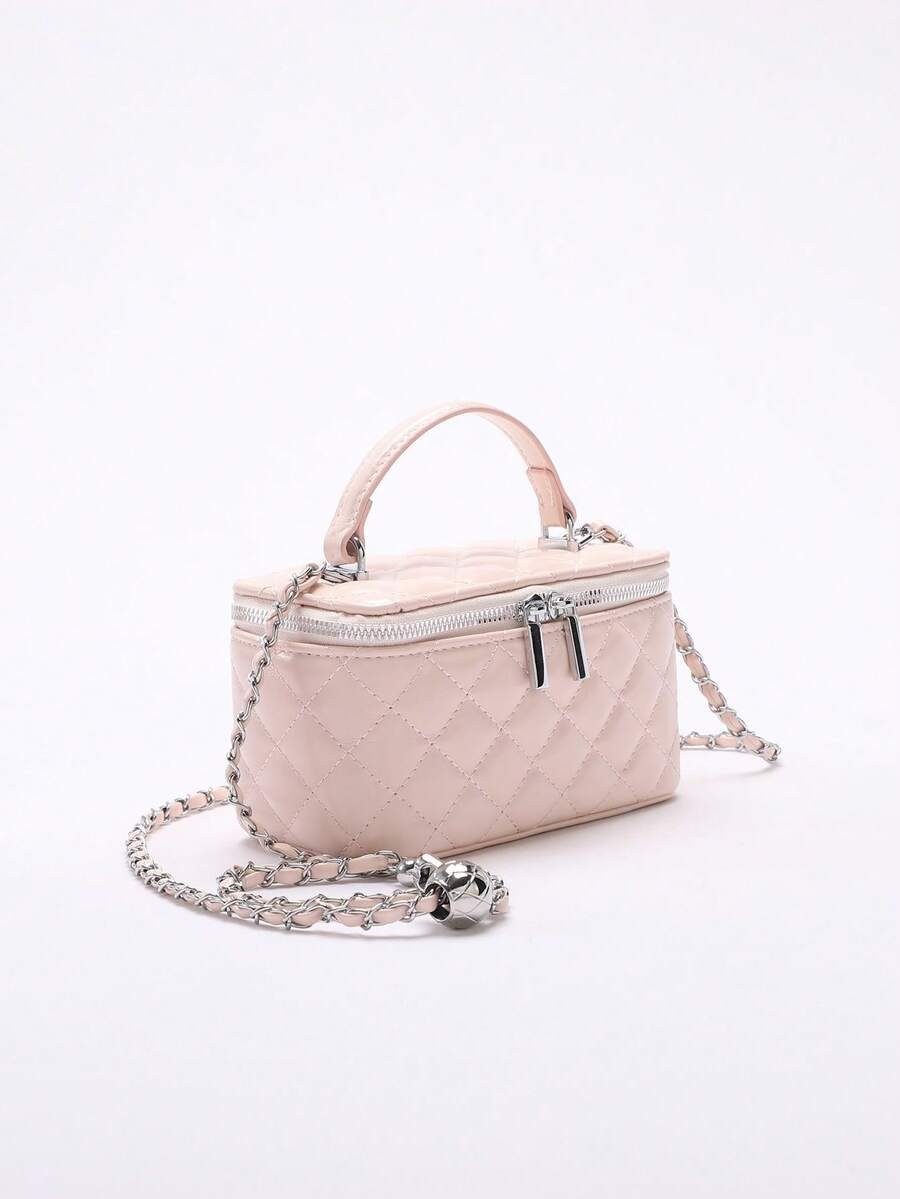 Fashionable Quilted Box Bag Plain Mini Crossbody Chain Strap Zipper Purse