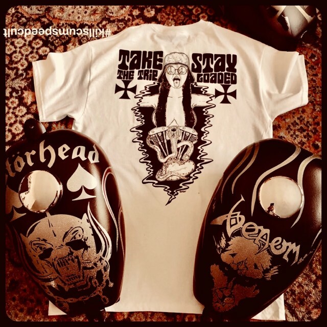 STAY LOADED Shovelhead & Snake white tee shirt hippie biker lsd 70’s motorcycle