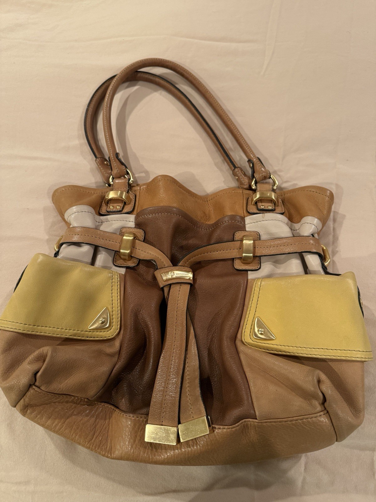 B. Makowsky Medium Satchel Top Handle Brown Tan Yellow Animal Print Lining
