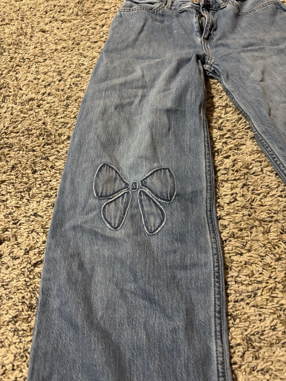Abercrombie Kids Girls Blue Denim Wide-Leg Jeans 11/12 Embroidered Bow