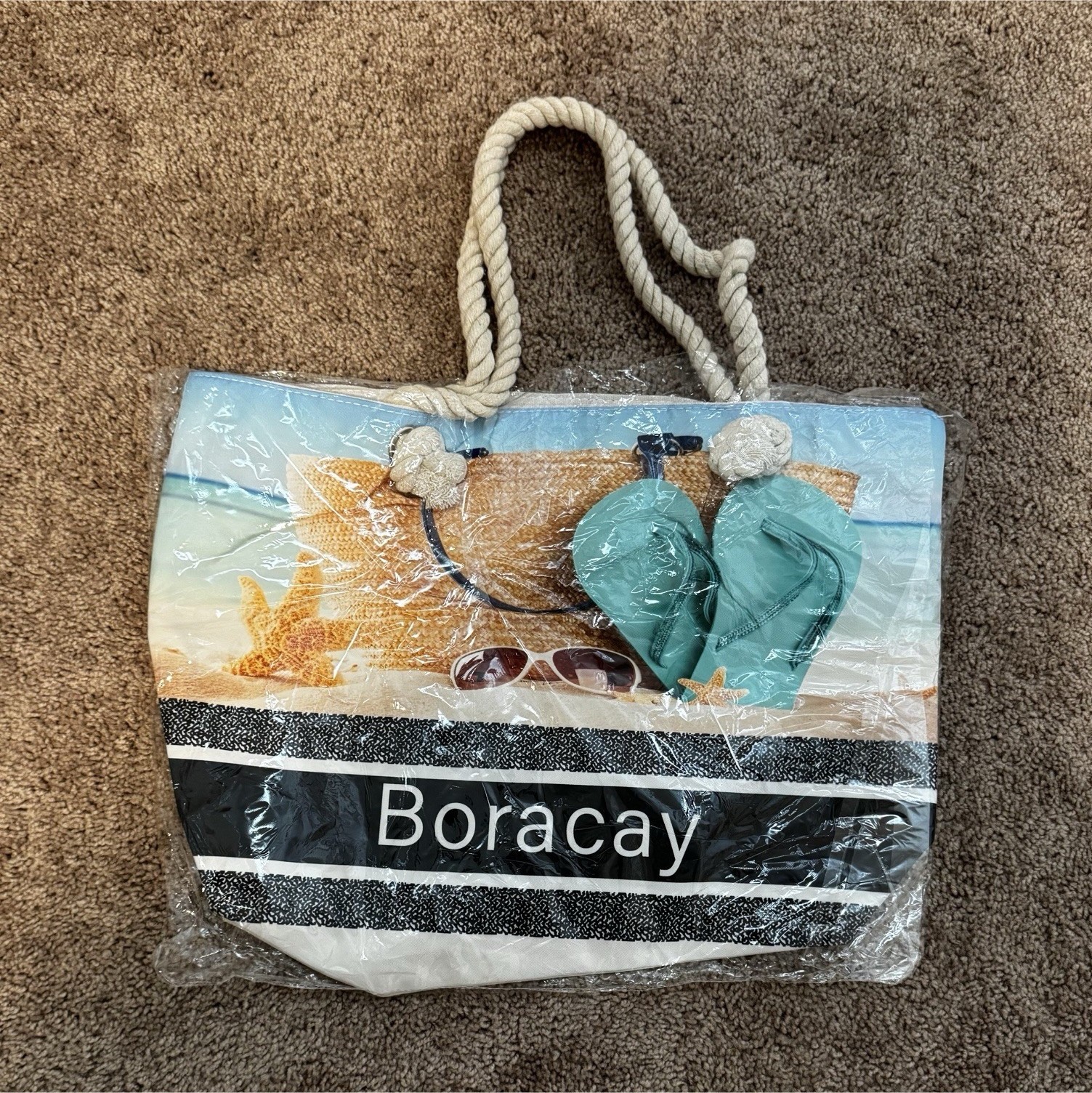 Boracay Beach Print Large Lightweight Tote Bag Rope Handles Coastal Vacation