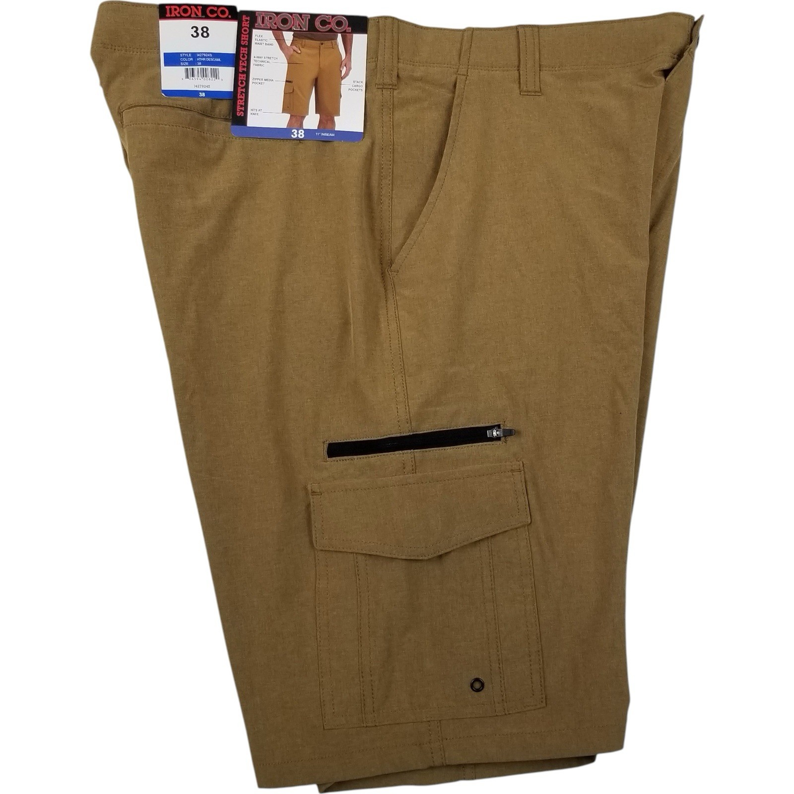 Iron Co Men’s Stretch Tech Shorts with Cargo Pockets Size 38 Camel Color