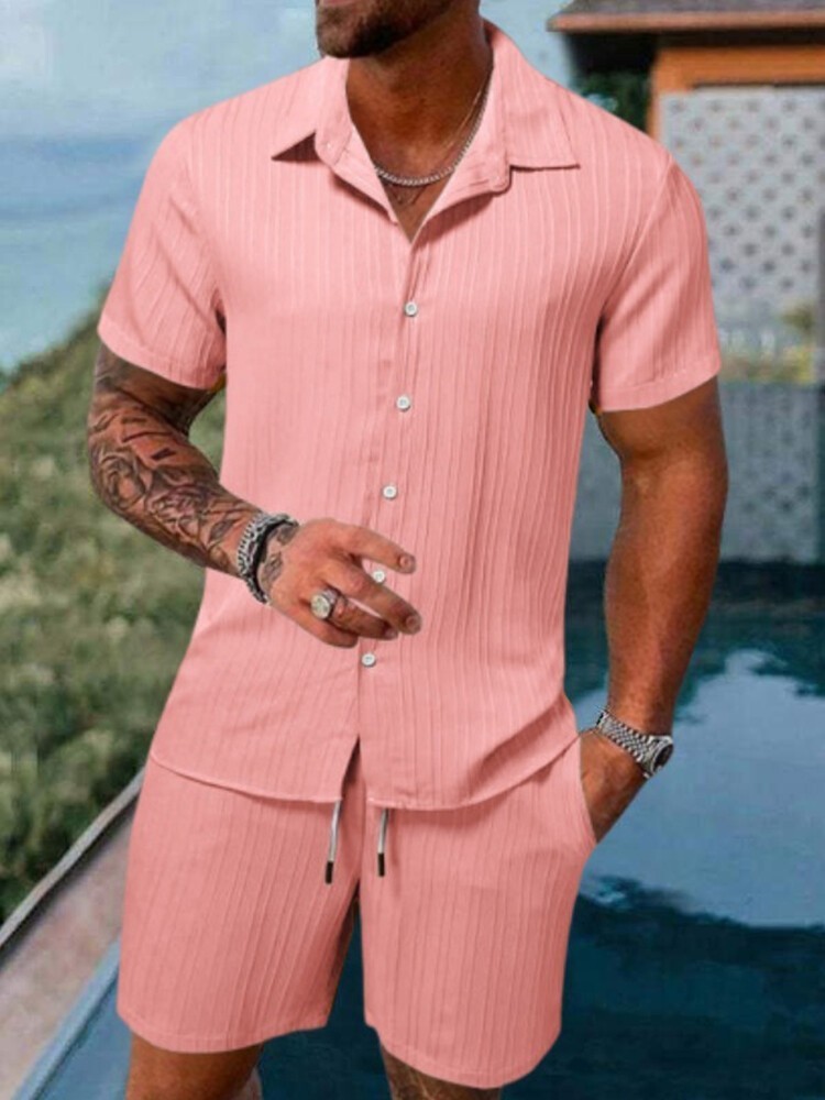 2026 Men 2 Set Short Sleeve Button Shirt Shorts Suit Tops+Shorts T Shirts Casual